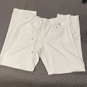 White cotton lounge pants with elastic and drawstring waist